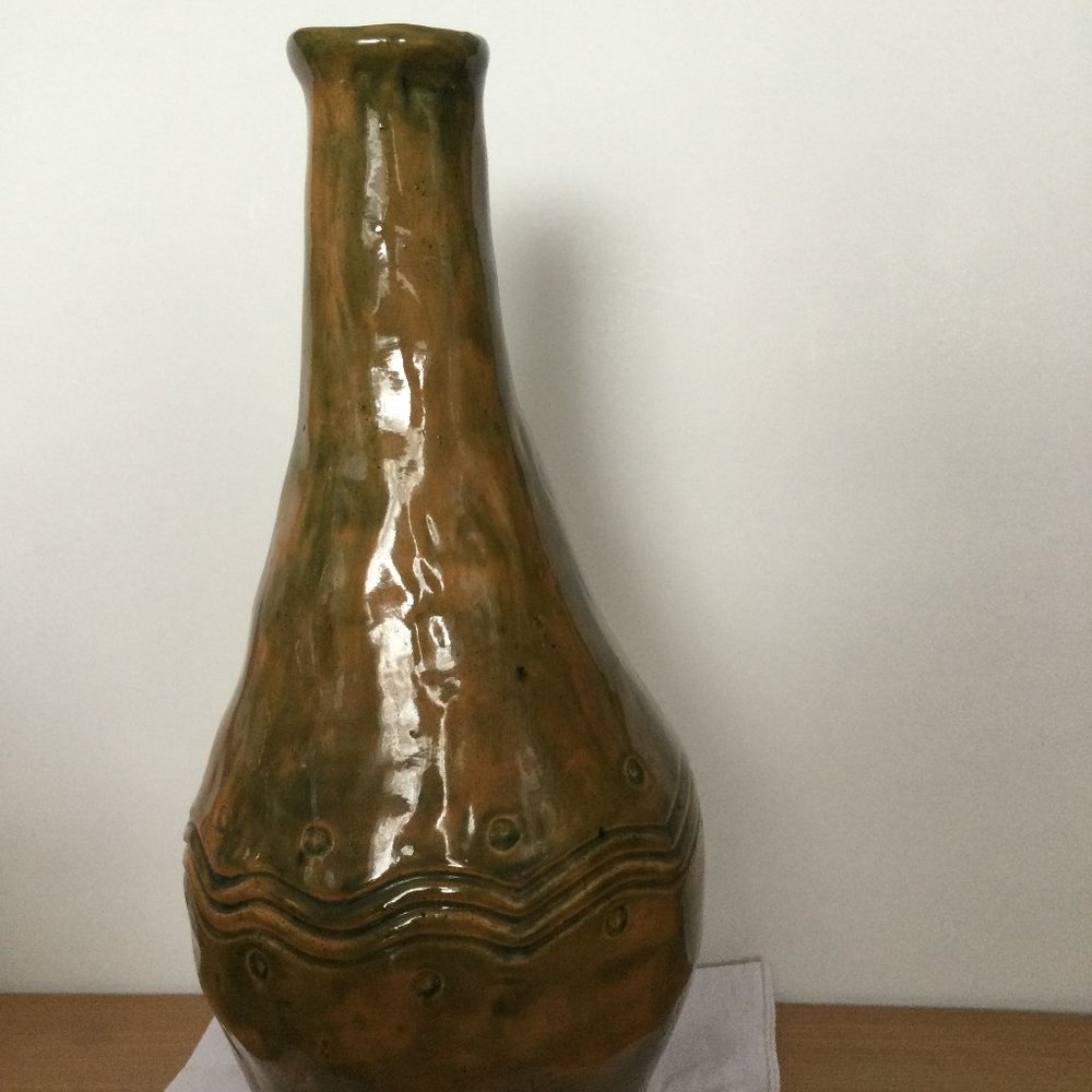 Vintage handmade ceramic bottle vase lamp base 13 3/8" heavy signed Simone 65